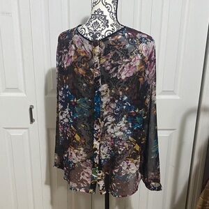 Who What Wear Multicolor Floral Sheer Blouse